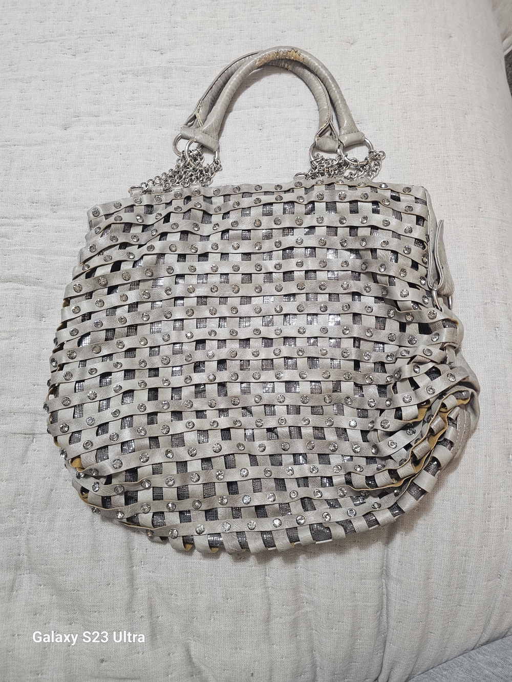 Woven Stud-Trim Hobo Bag in Light Silver